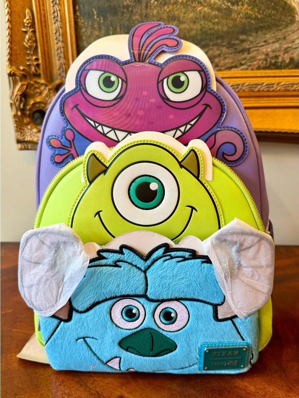 NWT Loungefly Disney Pixar Monsters, Inc. Sulley, Mike, & Randall Triple Pocket